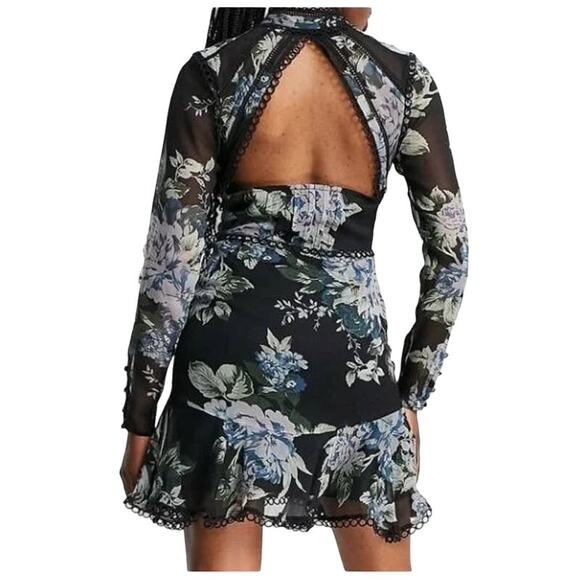 ASOS DESIGN Dark Floral Lace Trim Mini Dress w Cut Out Back Sheer Long Sleeves - Picture 9 of 9